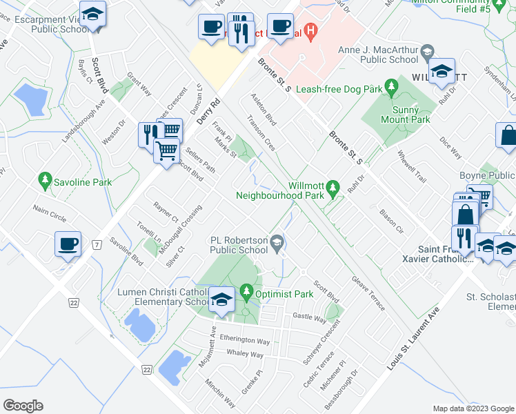 map of restaurants, bars, coffee shops, grocery stores, and more near Van Fleet Terrace in Milton