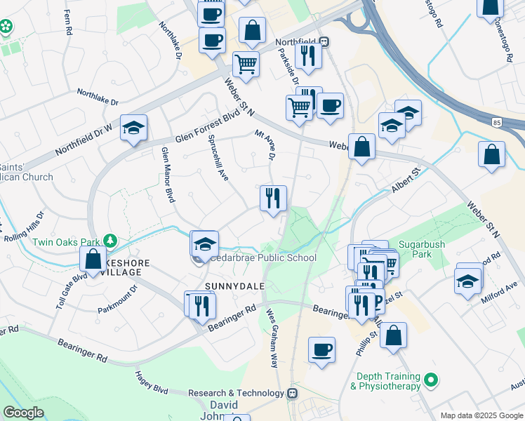 map of restaurants, bars, coffee shops, grocery stores, and more near 177 A Cedarvale Crescent in Waterloo