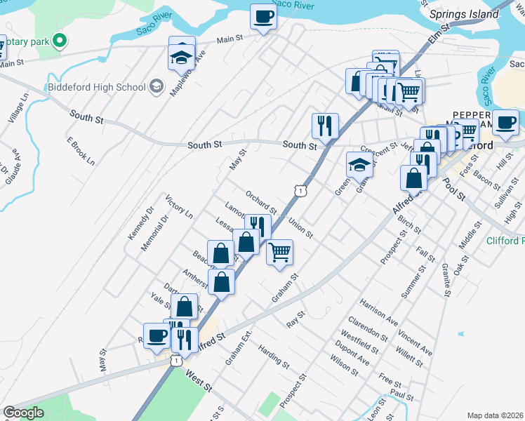 map of restaurants, bars, coffee shops, grocery stores, and more near 286 Elm Street in Biddeford