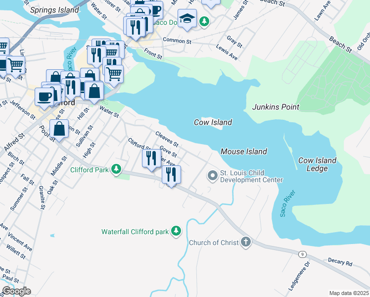 map of restaurants, bars, coffee shops, grocery stores, and more near 161 Cleaves Street in Biddeford