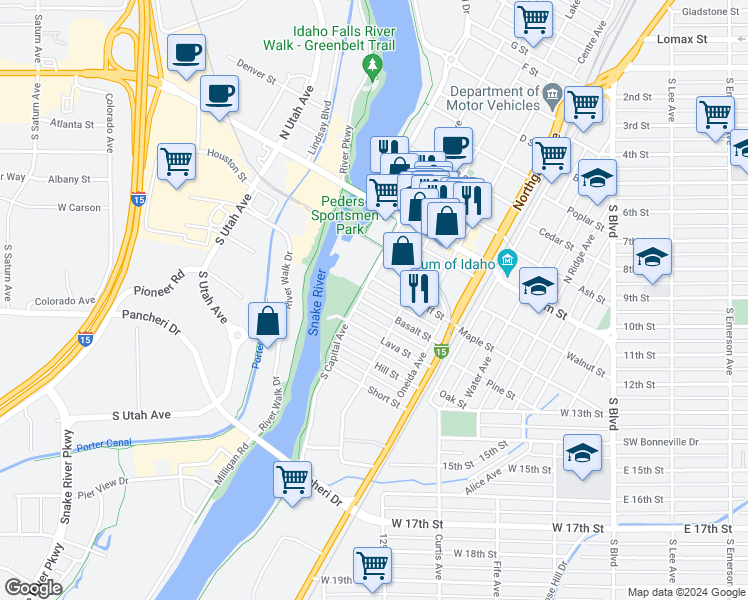 map of restaurants, bars, coffee shops, grocery stores, and more near 374 Basalt Street in Idaho Falls