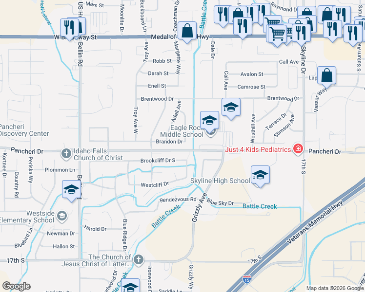 map of restaurants, bars, coffee shops, grocery stores, and more near 2104-2298 Pancheri Drive in Idaho Falls