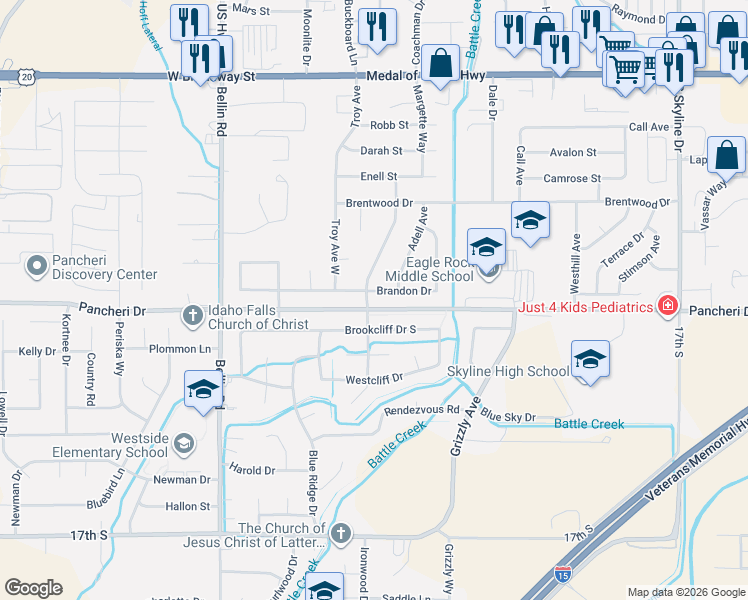 map of restaurants, bars, coffee shops, grocery stores, and more near Pancheri Drive in Idaho Falls