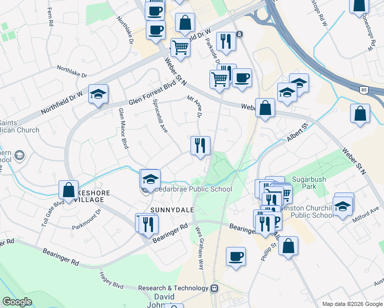 map of restaurants, bars, coffee shops, grocery stores, and more near 177 A Cedarvale Crescent in Waterloo