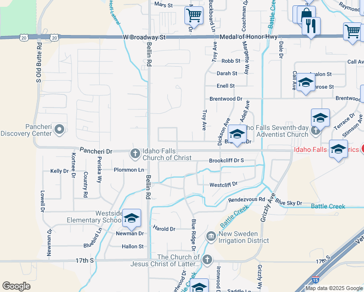 map of restaurants, bars, coffee shops, grocery stores, and more near 2449 Brandon Drive in Idaho Falls