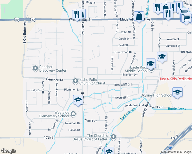 map of restaurants, bars, coffee shops, grocery stores, and more near 2449 Brandon Drive in Idaho Falls