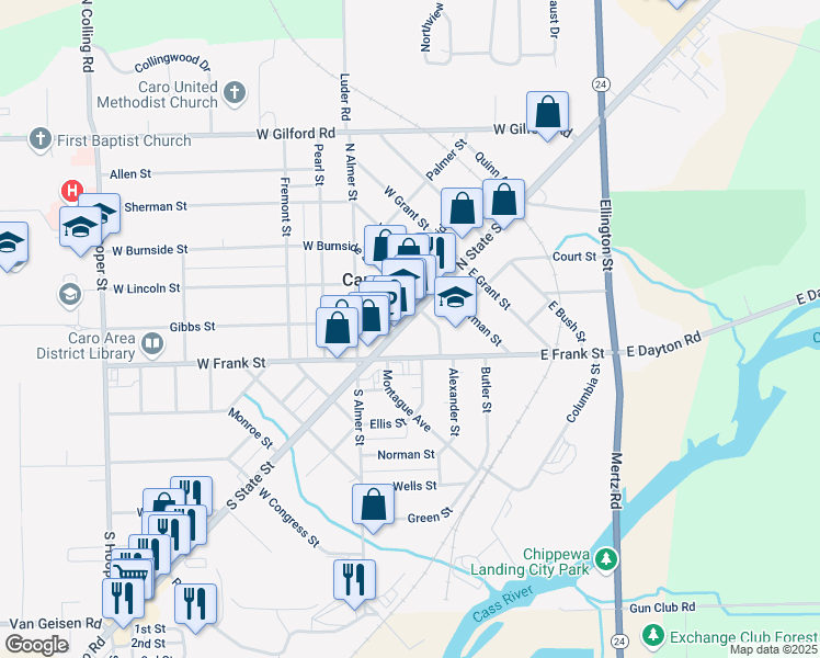 map of restaurants, bars, coffee shops, grocery stores, and more near 200 North State Street in Caro