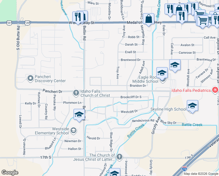 map of restaurants, bars, coffee shops, grocery stores, and more near 2449 Brandon Drive in Idaho Falls
