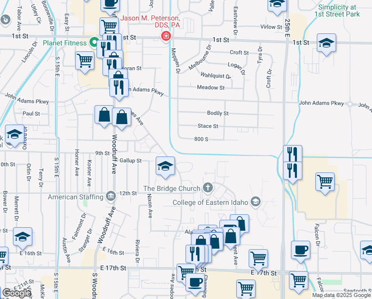 map of restaurants, bars, coffee shops, grocery stores, and more near 2066 Meppen Drive in Idaho Falls