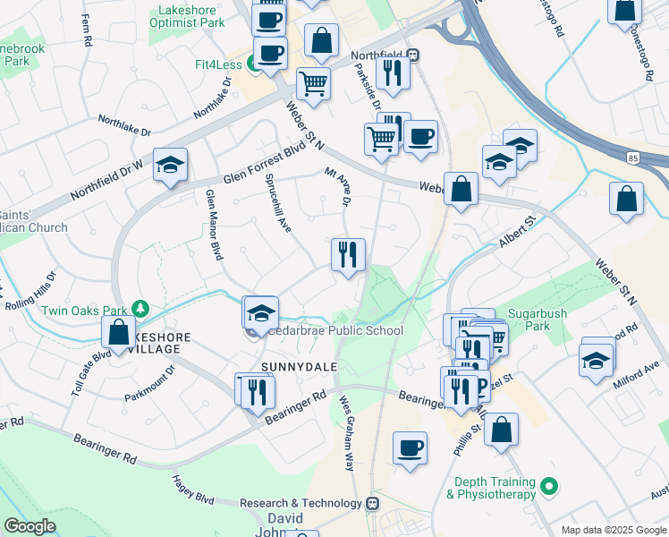 map of restaurants, bars, coffee shops, grocery stores, and more near 177 Cedarbrae Avenue in Waterloo