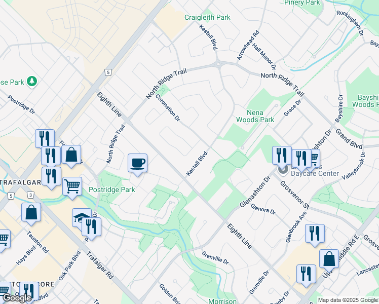 map of restaurants, bars, coffee shops, grocery stores, and more near 2292 Tesla Crescent in Oakville