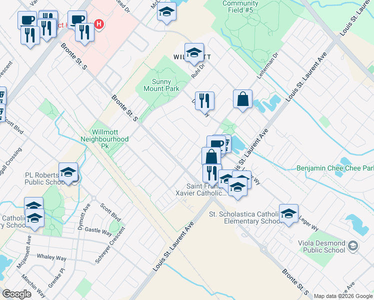 map of restaurants, bars, coffee shops, grocery stores, and more near 275 Woodley Crescent in Milton