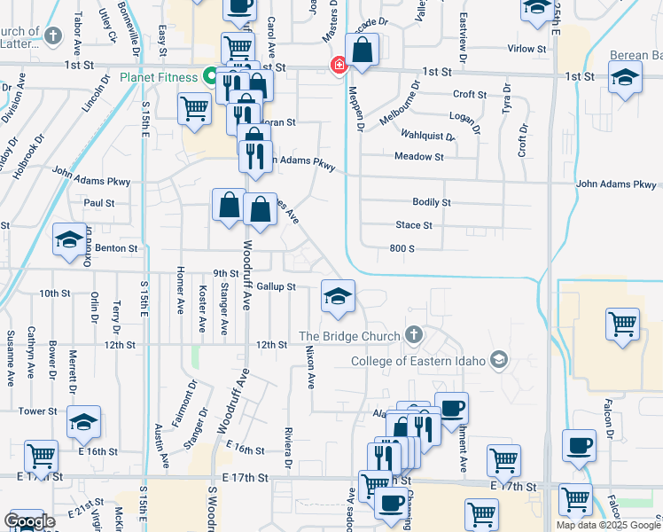 map of restaurants, bars, coffee shops, grocery stores, and more near 1900 Parkwood Street in Idaho Falls