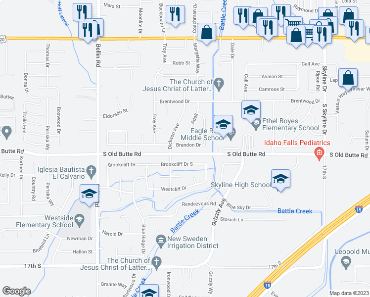 map of restaurants, bars, coffee shops, grocery stores, and more near 2221 Brandon Drive in Idaho Falls