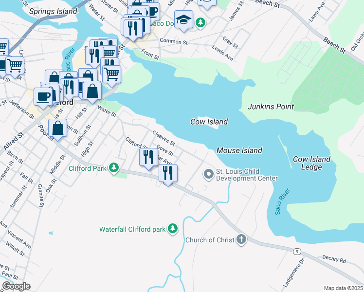 map of restaurants, bars, coffee shops, grocery stores, and more near 33 Gove Street in Biddeford