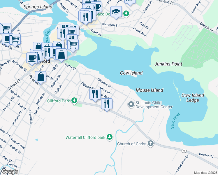 map of restaurants, bars, coffee shops, grocery stores, and more near 33 Gove Street in Biddeford