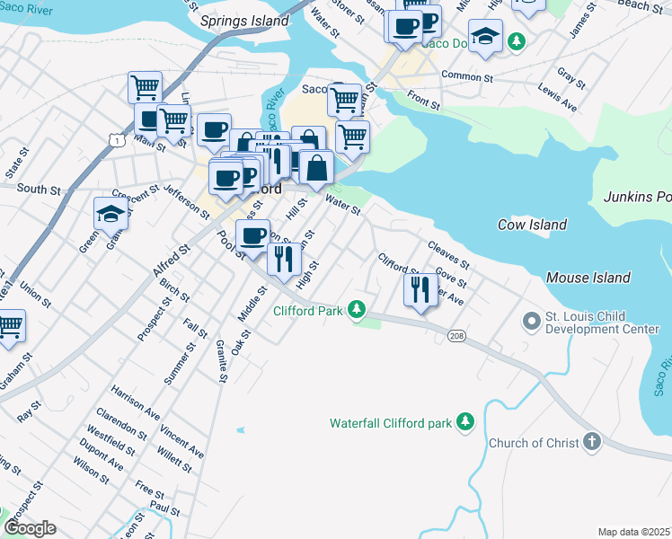 map of restaurants, bars, coffee shops, grocery stores, and more near 17 Bristol Street in Biddeford