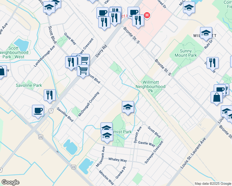 map of restaurants, bars, coffee shops, grocery stores, and more near 728 Scott Boulevard in Milton