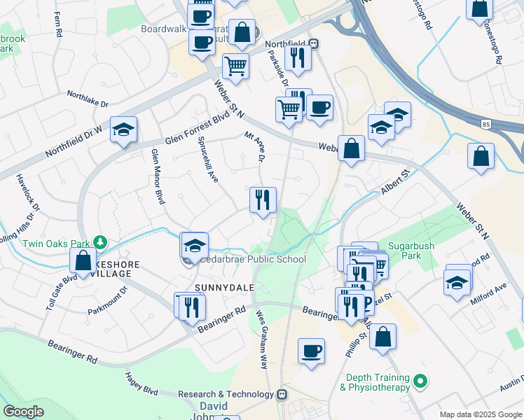 map of restaurants, bars, coffee shops, grocery stores, and more near 177 A Cedarvale Crescent in Waterloo