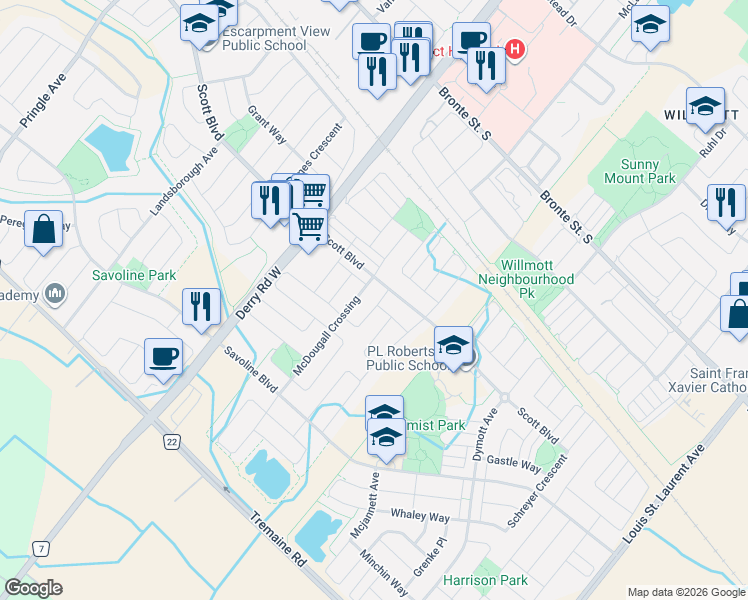 map of restaurants, bars, coffee shops, grocery stores, and more near 219 McGinnis Crescent in Milton