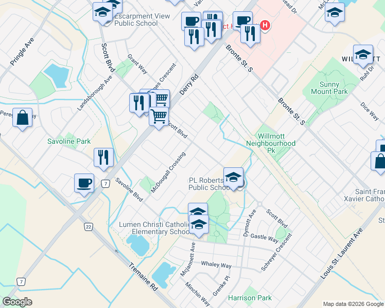map of restaurants, bars, coffee shops, grocery stores, and more near 219 McGinnis Crescent in Milton