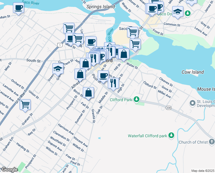map of restaurants, bars, coffee shops, grocery stores, and more near 53 Pool Street in Biddeford