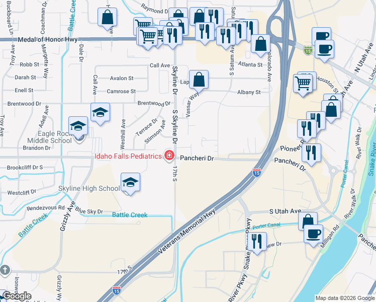 map of restaurants, bars, coffee shops, grocery stores, and more near 1572 Pancheri Drive in Idaho Falls