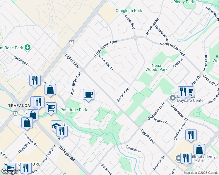 map of restaurants, bars, coffee shops, grocery stores, and more near 2348 Tesla Crescent in Oakville