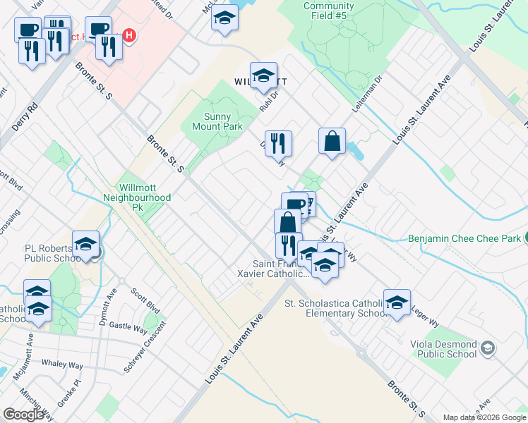 map of restaurants, bars, coffee shops, grocery stores, and more near 286 Woodley Crescent in Milton