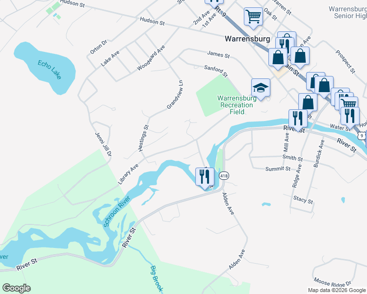 map of restaurants, bars, coffee shops, grocery stores, and more near 102 Library Avenue in Warrensburg