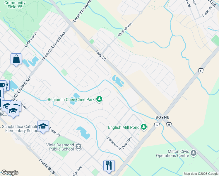 map of restaurants, bars, coffee shops, grocery stores, and more near 563 Beam Court in Milton