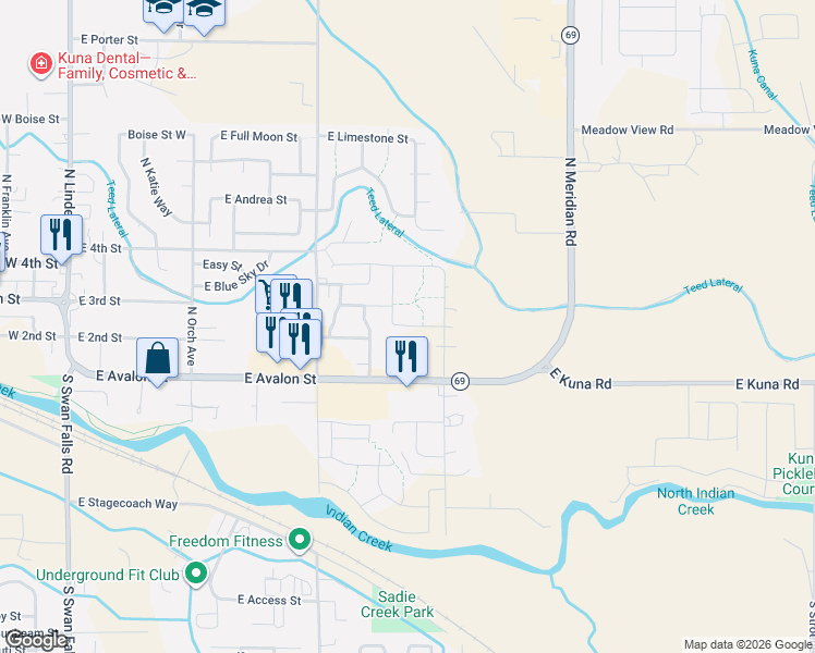 map of restaurants, bars, coffee shops, grocery stores, and more near 1102 East Seraphina Street in Kuna