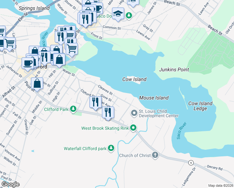 map of restaurants, bars, coffee shops, grocery stores, and more near 33 Gove Street in Biddeford