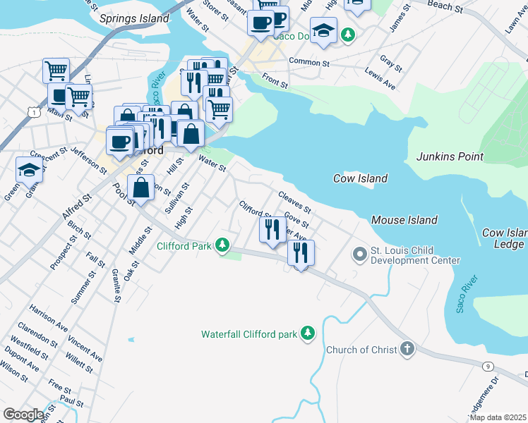 map of restaurants, bars, coffee shops, grocery stores, and more near 21 George Street in Biddeford