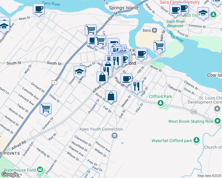 map of restaurants, bars, coffee shops, grocery stores, and more near 31 Mount Vernon Street in Biddeford