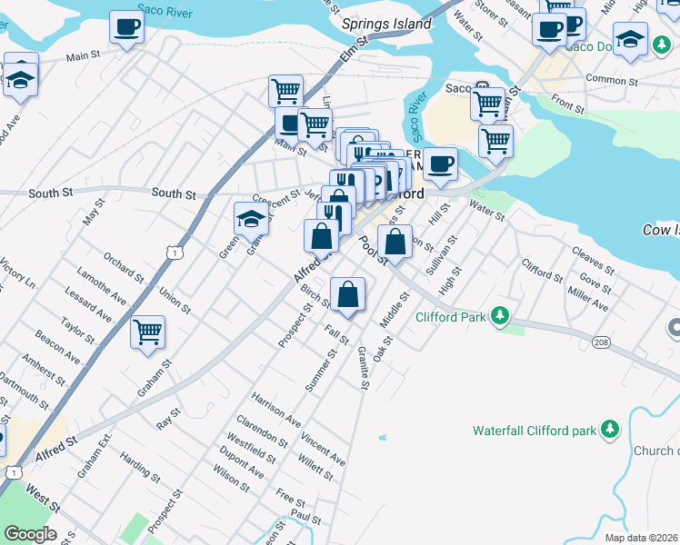 map of restaurants, bars, coffee shops, grocery stores, and more near 12 Mount Vernon Street in Biddeford