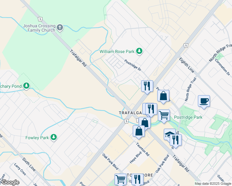 map of restaurants, bars, coffee shops, grocery stores, and more near 3064 Trafalgar Road in Oakville