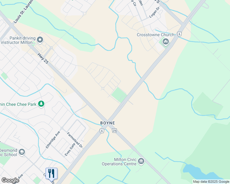 map of restaurants, bars, coffee shops, grocery stores, and more near 8175 Britannia Road in Milton