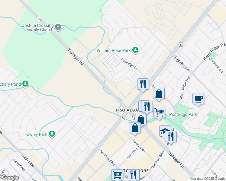 map of restaurants, bars, coffee shops, grocery stores, and more near 3071 Trafalgar Road in Oakville
