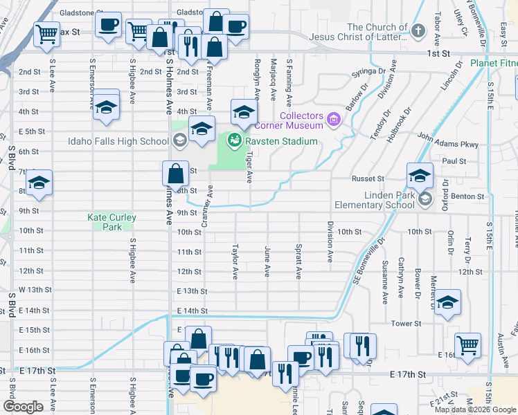 map of restaurants, bars, coffee shops, grocery stores, and more near 762 9th Street in Idaho Falls