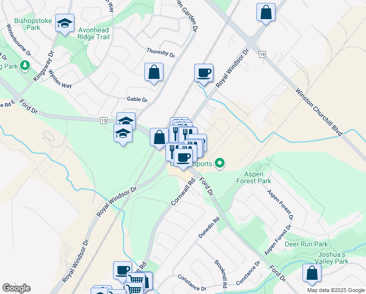 map of restaurants, bars, coffee shops, grocery stores, and more near 2308 Royal Windsor Drive in Oakville