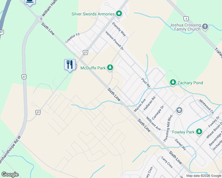 map of restaurants, bars, coffee shops, grocery stores, and more near 3419 Sixth Line in Oakville