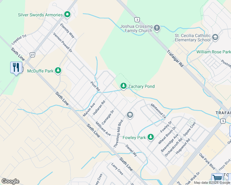 map of restaurants, bars, coffee shops, grocery stores, and more near 198 Camellia Crescent in Oakville