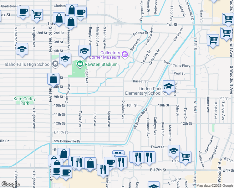 map of restaurants, bars, coffee shops, grocery stores, and more near 955 9th Street in Idaho Falls