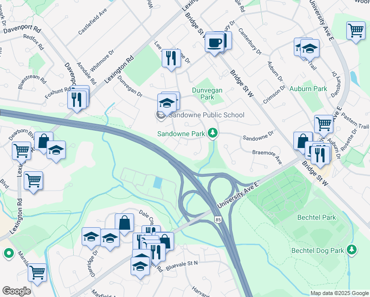 map of restaurants, bars, coffee shops, grocery stores, and more near 285 Sandowne Drive in Waterloo