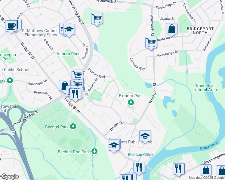 map of restaurants, bars, coffee shops, grocery stores, and more near 290 Marengo Court in Waterloo