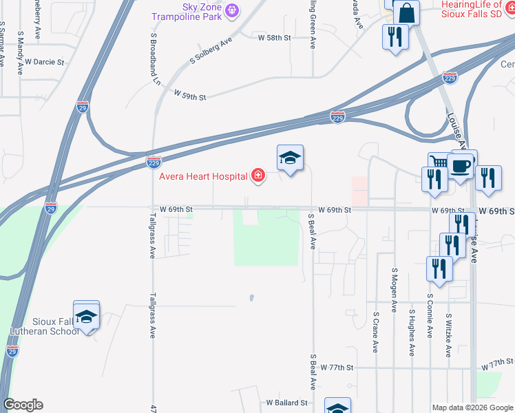 map of restaurants, bars, coffee shops, grocery stores, and more near 47129 West 69th Street in Sioux Falls