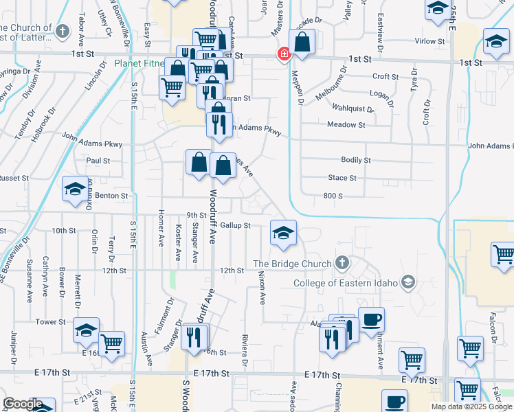map of restaurants, bars, coffee shops, grocery stores, and more near 1900 Parkwood Street in Idaho Falls