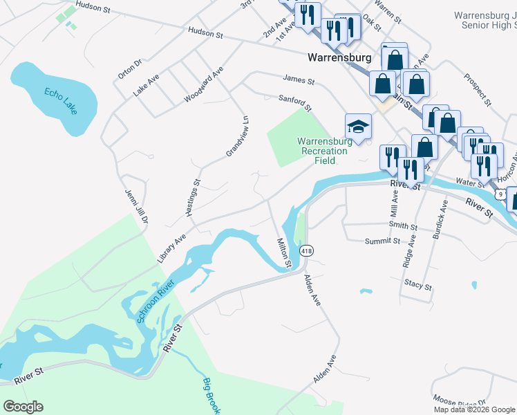 map of restaurants, bars, coffee shops, grocery stores, and more near 102 Library Avenue in Warrensburg