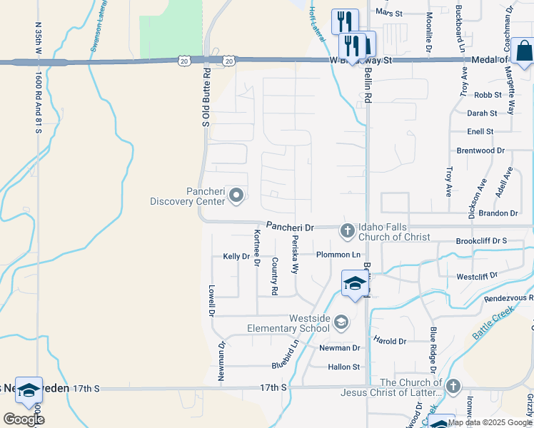 map of restaurants, bars, coffee shops, grocery stores, and more near Pancheri Dr in Idaho Falls